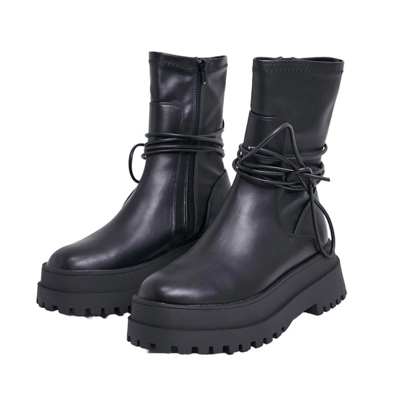 Public Desire Finale Black Chunky Sole Ankle Wrap Boots - Picture 2 of 6